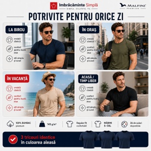 Set 3 Tricouri Bărbat în Aceeași Nuanță, 100% Bumbac, 145 g/m², Guler Rotund, 26 Culori, Mărimi S–3XL - Img 5