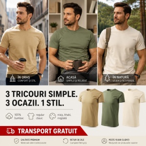 Set 3 Tricouri Bărbați 100% Bumbac – Culori Naturale, Nisip, Khaki, Migdală - Img 9