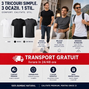 Set 3 Tricouri Bărbați 100% Bumbac Regular Clasic – Alb, Negru și Gri S - 3XL - Img 5