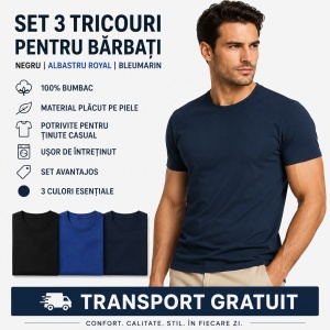 Set 3 Tricouri Bărbați 100% Bumbac Regular Clasic – Albastru Marin, Albastru Regal și Negru | S-3XL - Img 7