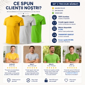 Set 3 Tricouri Bărbați 100% Bumbac Regular Clasic – Galben, Gri Deschis și Verde Mar | S-3XL - Img 5