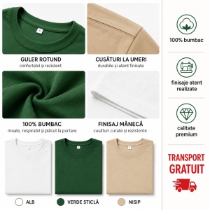 Set 3 Tricouri Bărbați 100% Bumbac Regular Clasic – Nisip, Verde Sticlă și Alb | S-3XL - Img 7