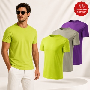Set 3 Tricouri Bărbați 100% Bumbac Regular Clasic – Violet, Khaki Deschis și Lime | S-3XL