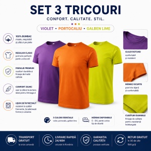 Set 3 Tricouri Bărbați 100% Bumbac Regular Clasic – Violet, Portocaliu și Galben Lime | S-3XL - Img 6