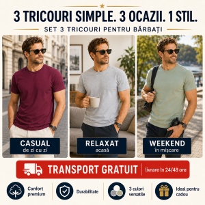 Set 3 Tricouri Bărbați 100% Bumbac Regular Clasic – Vișiniu, Verde Sage și Gri Ice | S-3XL - Img 5
