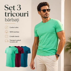 Set 3 Tricouri Bărbați 100% Bumbac Regular Fit – Albastru Petrol, Vișiniu, Verde Mentă | S-3XL - Img 6