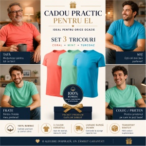 Set 3 Tricouri Bărbați 100% Bumbac Regular Fit – Coral, Verde Mentă, Turcoaz | S-3XL - Img 6