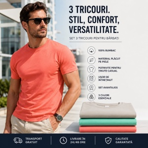 Set 3 Tricouri Bărbați 100% Bumbac Regular Fit – Gri Ice, Verde Mentă, Coral | S-3XL - Img 6