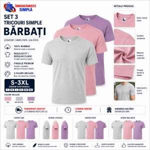 Set 3 Tricouri Bărbați 100% Bumbac Regular Fit – Roz, Gri Deschis, Orchid | S-3XL - Img 9