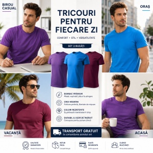 Set 3 Tricouri Bărbați 100% Bumbac Regular Fit – Violet, Blue Snorkel, Vișiniu - Img 6