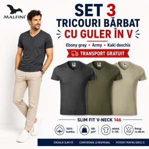 Set 3 Tricouri Bărbați Malfini 146 cu Guler în V, Premium, 100% Bumbac, Slim Fit, Ebony Gray, Army și Kaki Deschis, Mărimi S–3XL - Img 7