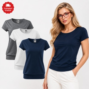 Set 3 tricouri bumbac 100%, cu banda aplicata jos elegant casual pentru femei 120 - Alb Gri Albastru Marin