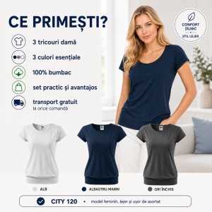 Set 3 tricouri bumbac 100%, cu banda aplicata jos elegant casual pentru femei 120 - Alb Gri Albastru Marin - Img 11