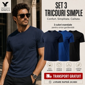 Set 3 tricouri bumbac 100% simplu clasic pentru barbati, Albastru marin, Negru, Albastru - 132 - Img 4