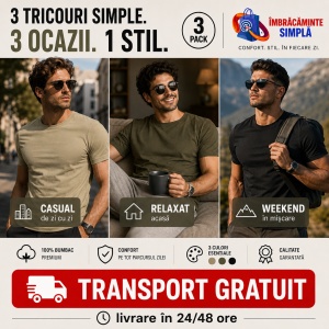 Set 3 tricouri bumbac 100% simplu clasic pentru barbati, army, kaki deschis, gri ardezie 132 - Img 4