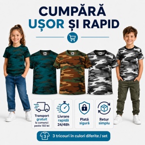 Set 3 tricouri camuflaj copii, 100% bumbac, pentru fete și băieți, mărimi 4–12 ani - Img 8