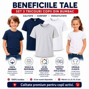 Set 3 Tricouri Copii din Bumbac 100% – Mânecă Scurtă, 35 Culori, Fete și Băieți - Img 3