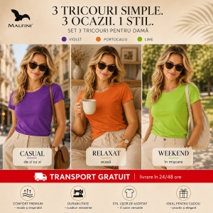 Set 3 Tricouri Damă 100% Bumbac – Casual Clasic, Violet, Portocaliu și Lime | Transport Gratuit - Img 4