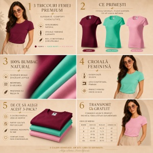 Set 3 Tricouri Damă 100% Bumbac – Casual Clasic, Vișiniu, Verde Mentă și Roz Deschis | Transport Gratuit - Img 2