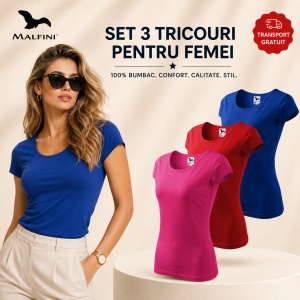 Set 3 Tricouri Damă 100% Bumbac – Elegant Casual cu Decolteu, Roșu, Purpuriu și Albastru Regal | Model 122