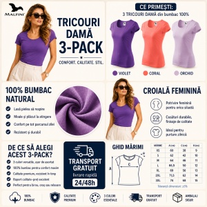 Set 3 Tricouri Damă 100% Bumbac – Elegant Casual cu Decolteu, Violet, Coral și Orchid | Model 122 | Transport Gratuit - Img 5