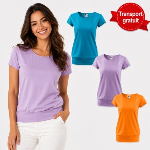 Set 3 Tricouri Damă 100% Bumbac cu Bandă Aplicată Jos – Elegant Casual Model 120, Lavandă, Portocaliu Deschis, Turcoaz