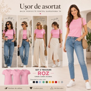 Set 3 tricouri damă roz ușor de asortat