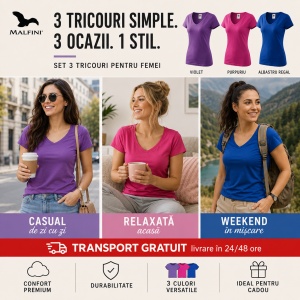 Set 3 tricouri dama guler in V decolteu simplu culori violet, roz albastru v-neck 128 - Img 5