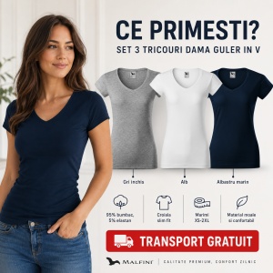 Set 3 tricouri dama guler in V slim fit cu decolteu albastru marin, gri inchis, alb v-neck 162 - Img 2