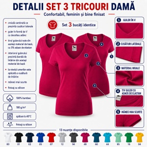 Set 3 Tricouri Damă Malfini Fit V-Neck 162 – 100% Bumbac, Croială Cambrată, Guler în V, 13 Culori - Img 4