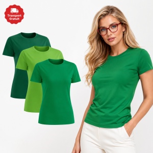 Set 3 tricouri dama simple bumbac 100%, casual clasic pentru femei verde mediu, verde mar, verde sticla 133