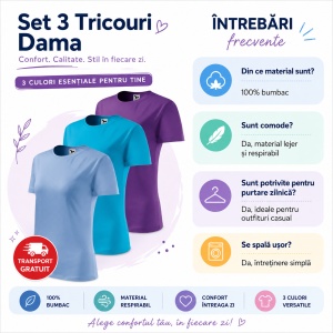 Set 3 tricouri dama simple bumbac 100%, casual clasic pentru femei multicolor, albastru deschis, turcoaz, violet 133 - Img 10