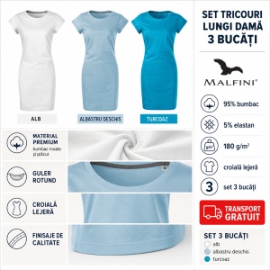 Set 3 Tricouri Lungi Damă Tip Rochie Freedom 178 – Alb, Albastru Deschis, Turcoaz, Bumbac, Croială Lejeră, XS–2XL - Img 3
