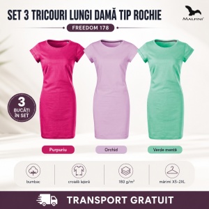 Set 3 Tricouri Lungi Damă Tip Rochie Freedom 178 – Bumbac, Croială Lejeră, Purpuriu, Orchid, Verde Mentă, XS–2XL - Img 9