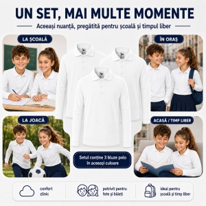 Set 3 Tricouri Polo Copii cu Mânecă Lungă – Bluze pentru Școală, Uniformă, Joacă și Timp Liber, Băieți și Fete - Img 5