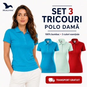 Set 3 Tricouri Polo Damă Malfini, 100% Bumbac – Turcoaz, Sage și Roșu