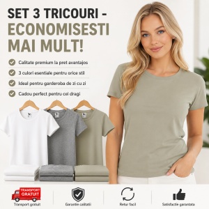 Set 3 tricouri simple dama bumbac clasic casual pentru femei, alb, gri inchis, kaki deschis 134 - Img 5
