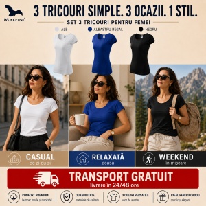 Set 3 tricouri simple dama din bumbac 100%, Elegant casual cu decolteu femei, Alb, Negru, Albastru regal, transport gratuit - Img 3