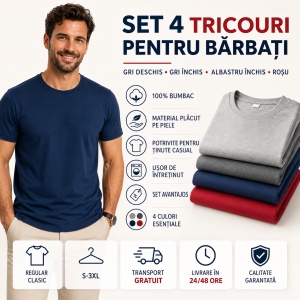 Set 4 Tricouri Bărbați 100% Bumbac Basic – Alb, Gri Închis, Albastru Închis și Gri Deschis | S-3XL - Img 10