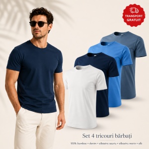 Set 4 Tricouri Bărbați 100% Bumbac Regular Clasic – Denim, Albastru Azuriu, Albastru Marin și Alb | S-3XL