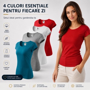 Set 4 Tricouri Damă 100% Bumbac – Casual Clasic, Albastru Petrol, Gri, Alb și Roșu | Transport Gratuit - Img 6