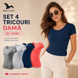 Set 4 Tricouri Damă 100% Bumbac – Casual Clasic, Gri Închis, Gri Deschis, Albastru Închis și Coral | Transport Gratuit