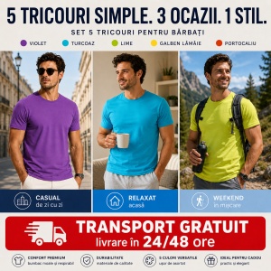 Set 5 Tricouri Bărbați 100% Bumbac – violet, turcoaz, lime, galben lamaie , portocaliu, - Img 8