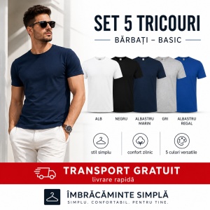 Set 5 tricouri bumbac 100% simplu clasic pentru barbati, Alb, Negru, Albastru Marin, Gri, Albastru-132 - Img 7
