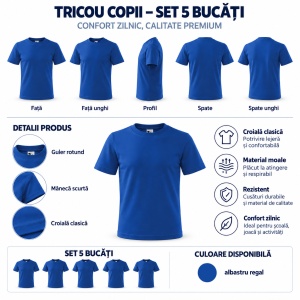Set 5 Tricouri Copii Albastru Regal, 100% Bumbac, pentru Băiat și Fată, Școală, Sport și Joacă - Img 2