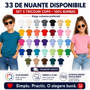 Set 5 tricouri copii din bumbac 100% – fete și băieți, 33 nuanțe disponibile - Img 8