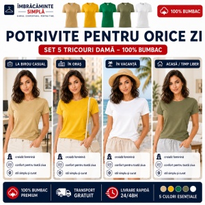Set 5 Tricouri Damă Basic 100% Bumbac – Nisip, Galben, Verde Mediu, Khaki și Alb - Img 4