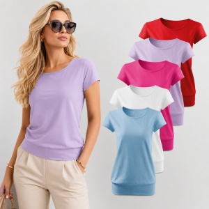 Set 5 tricouri dama din bumbac 100%, cu banda aplicata jos elegant casual pentru femei 120 - Rosu Lavanda Roz Alb Albastru
