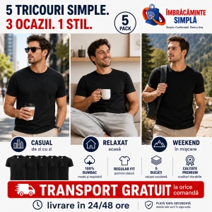 Set 5 tricouri negre din bumbac 100%, clasic si lejer la purtare pentru barbati, Negru P73 - Img 8