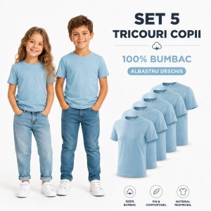 Set 5 Tricouri pentru copii albastru deschis din bumbac 100% , tricouri scoala, tricouri bune